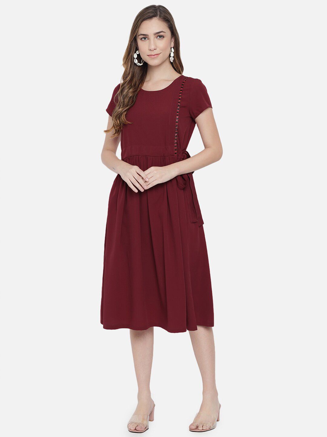 ALL WAYS YOU Maroon Crepe Fit & Flare Midi Dress Price in India