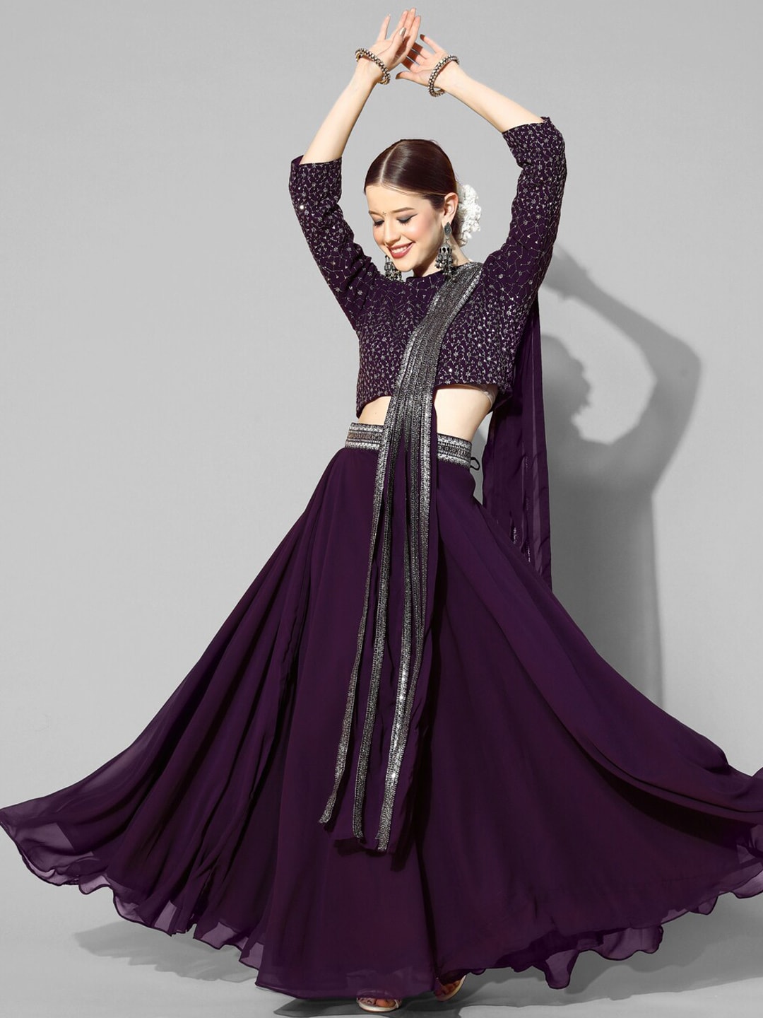 Kvsfab Purple Embellished Ready to Wear Lehenga & Blouse With Attached Dupatta Price in India