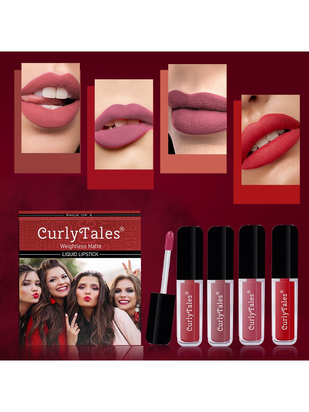 CurlyTales Set of 4 Weightless Matte Liquid Lipsticks 4 ml Each - Shade 06, 09, 10, 11