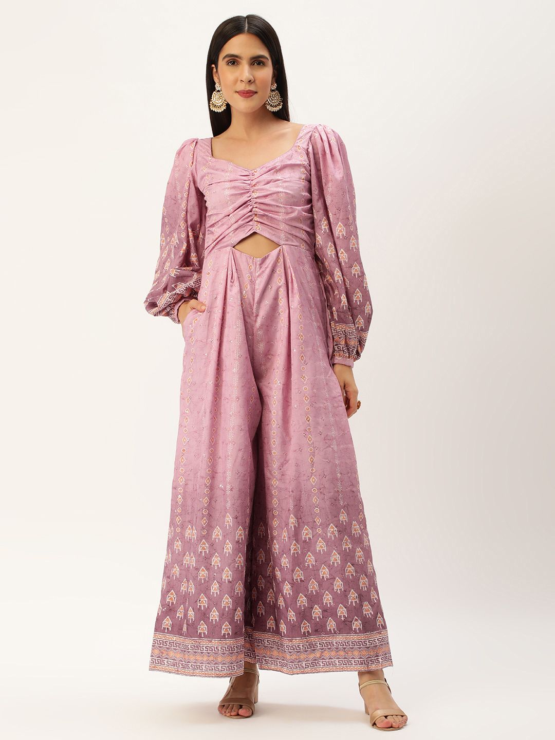 Ethnovog Printed Puff Sleeves Sweetheart Neck Culotte Ethnic Jumpsuit With Cut-Out Detail Price in India