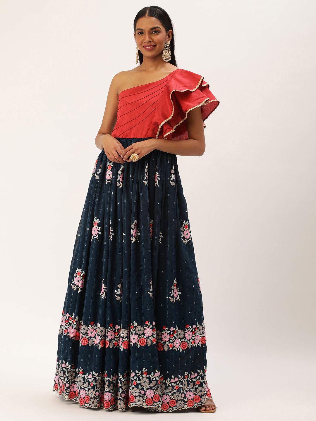 Ethnovog Colourblocked One Shoulder Flutter Sleeve Georgette Gown Price in India