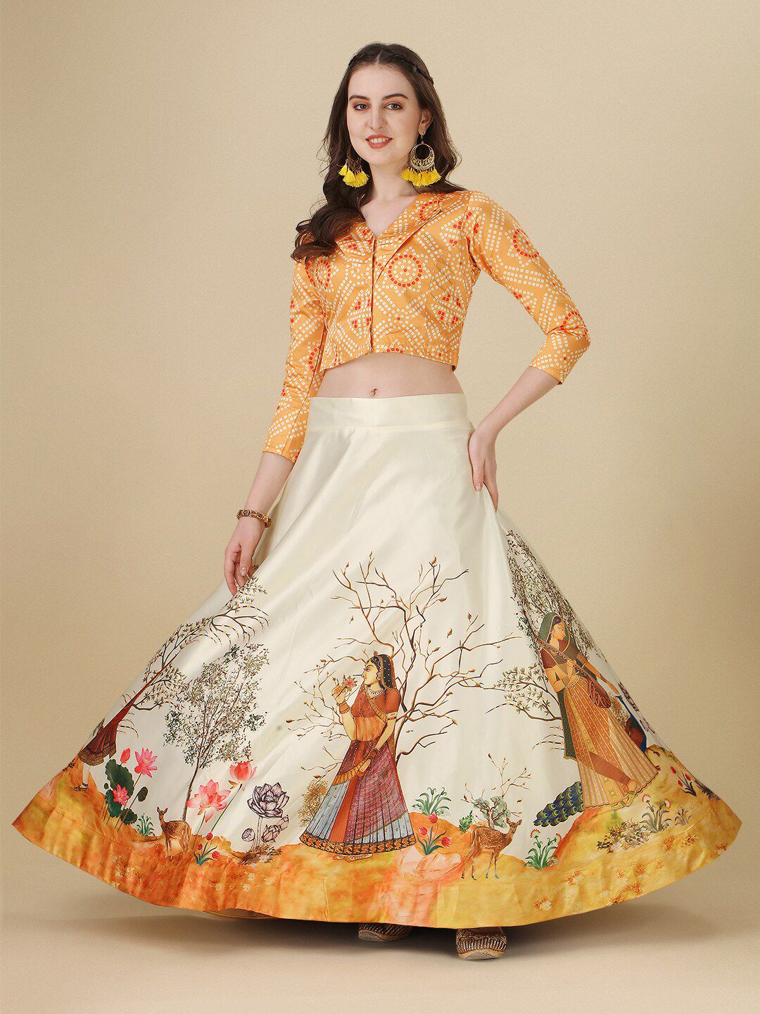 Kaizen TEXO FAB Yellow & White Printed Semi-Stitched Lehenga & Unstitched Price in India