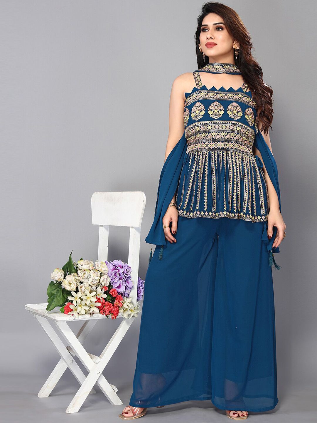 Trendz Style Women Blue Ethnic Motifs Embroidered Regular Thread Work Kurti with Palazzos & With Dupatta Price in India