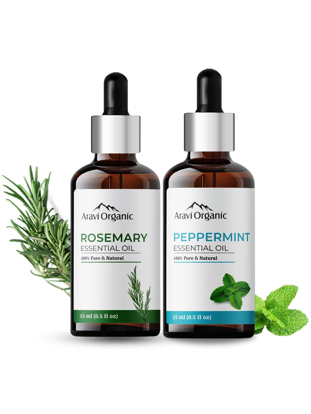 Aravi Organic Set of 100% Pure Rosemary & Peppermint Essential Oil for Hair Growth & Skin