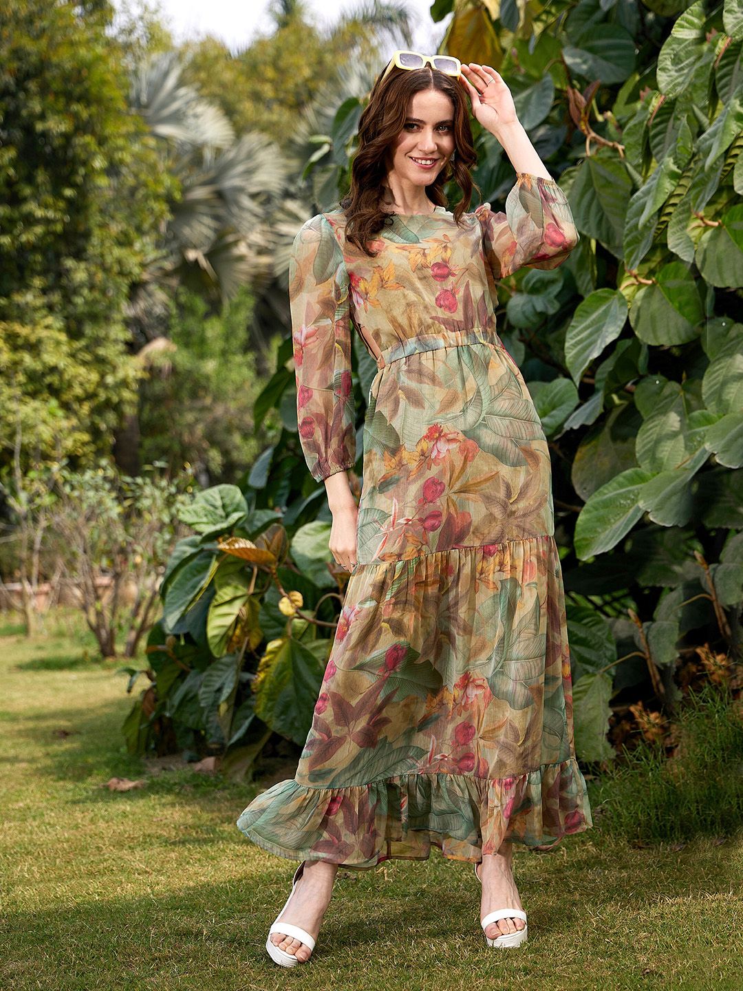 SASSAFRAS Floral Print Georgette A-Line Maxi Dress Price in India