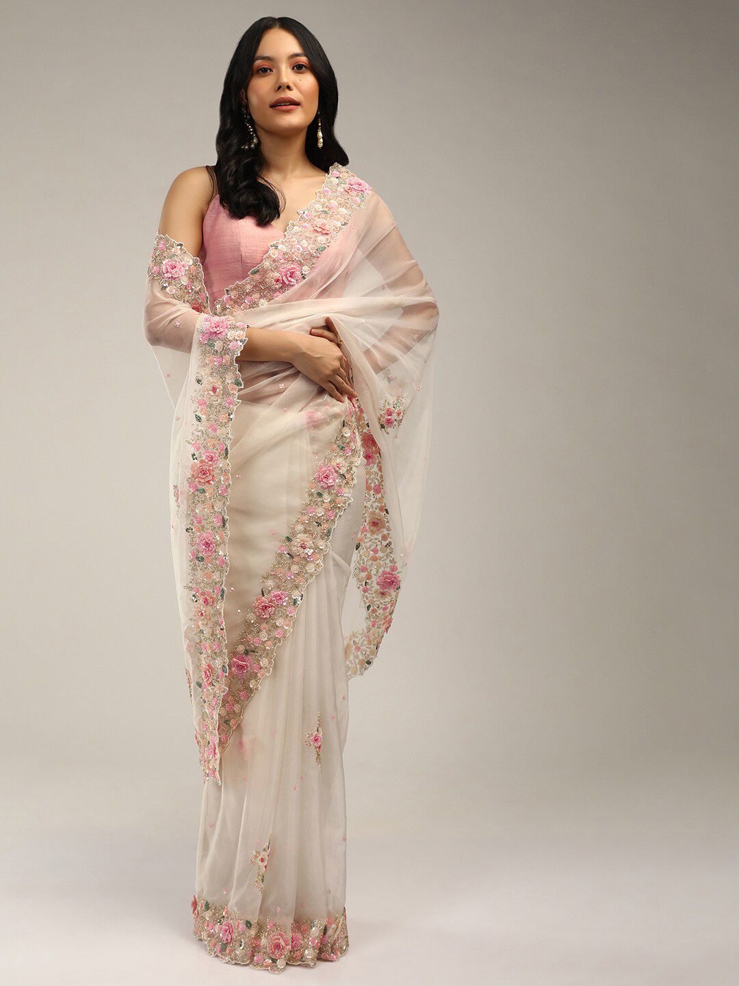 KALKI Fashion 3D Flower Embroidered Organza Saree Price in India