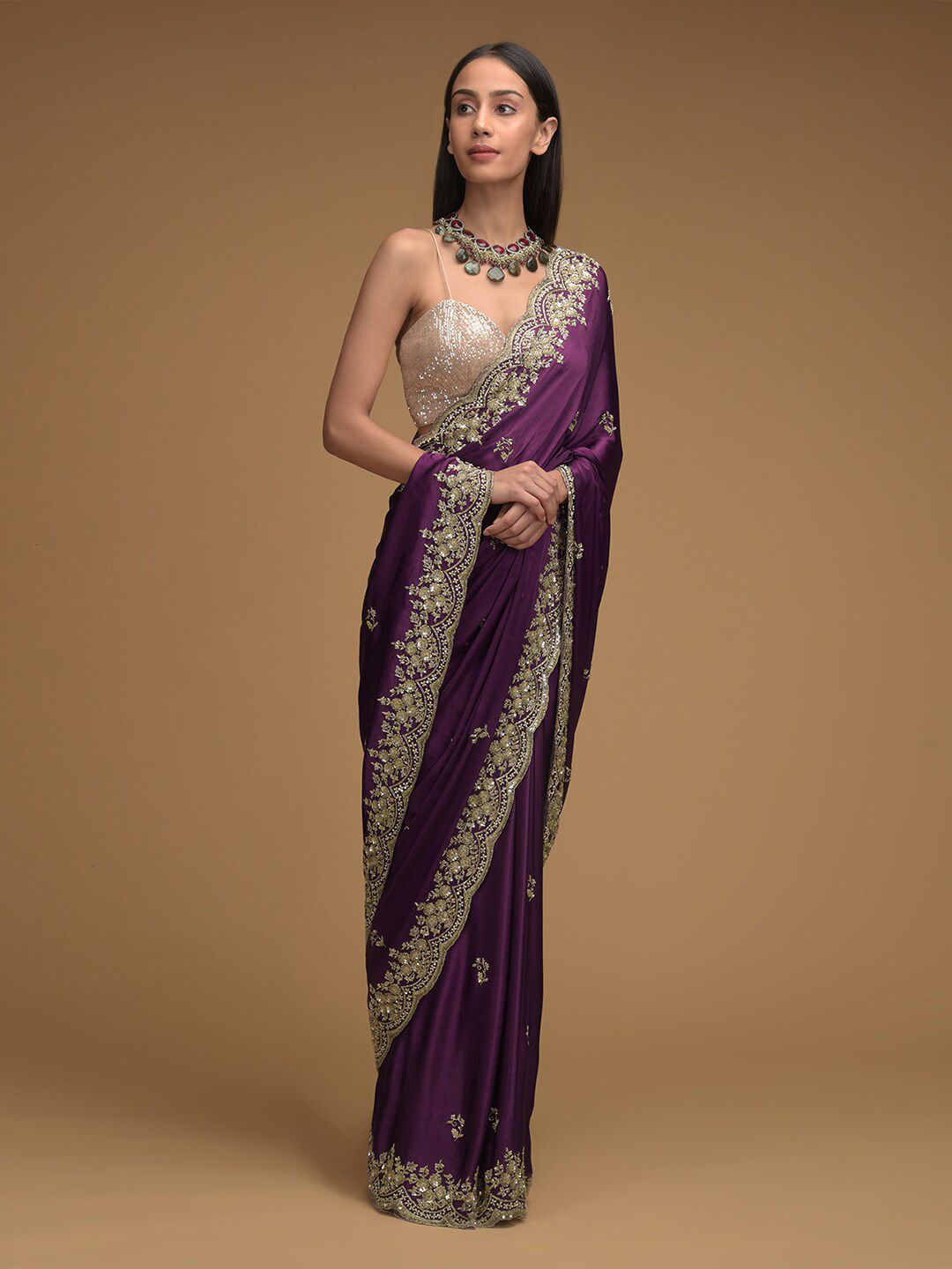 KALKI Fashion Floral Sequin Embellished Satin Saree Price in India
