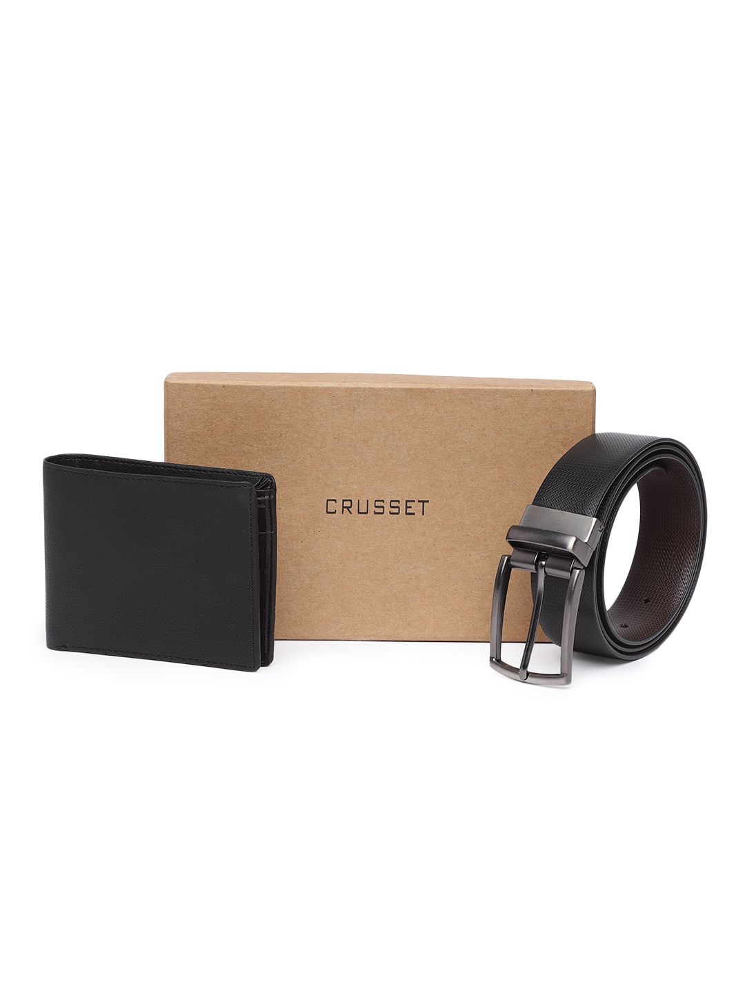 CRUSSET Men Black Belt & Wallet Gift Set