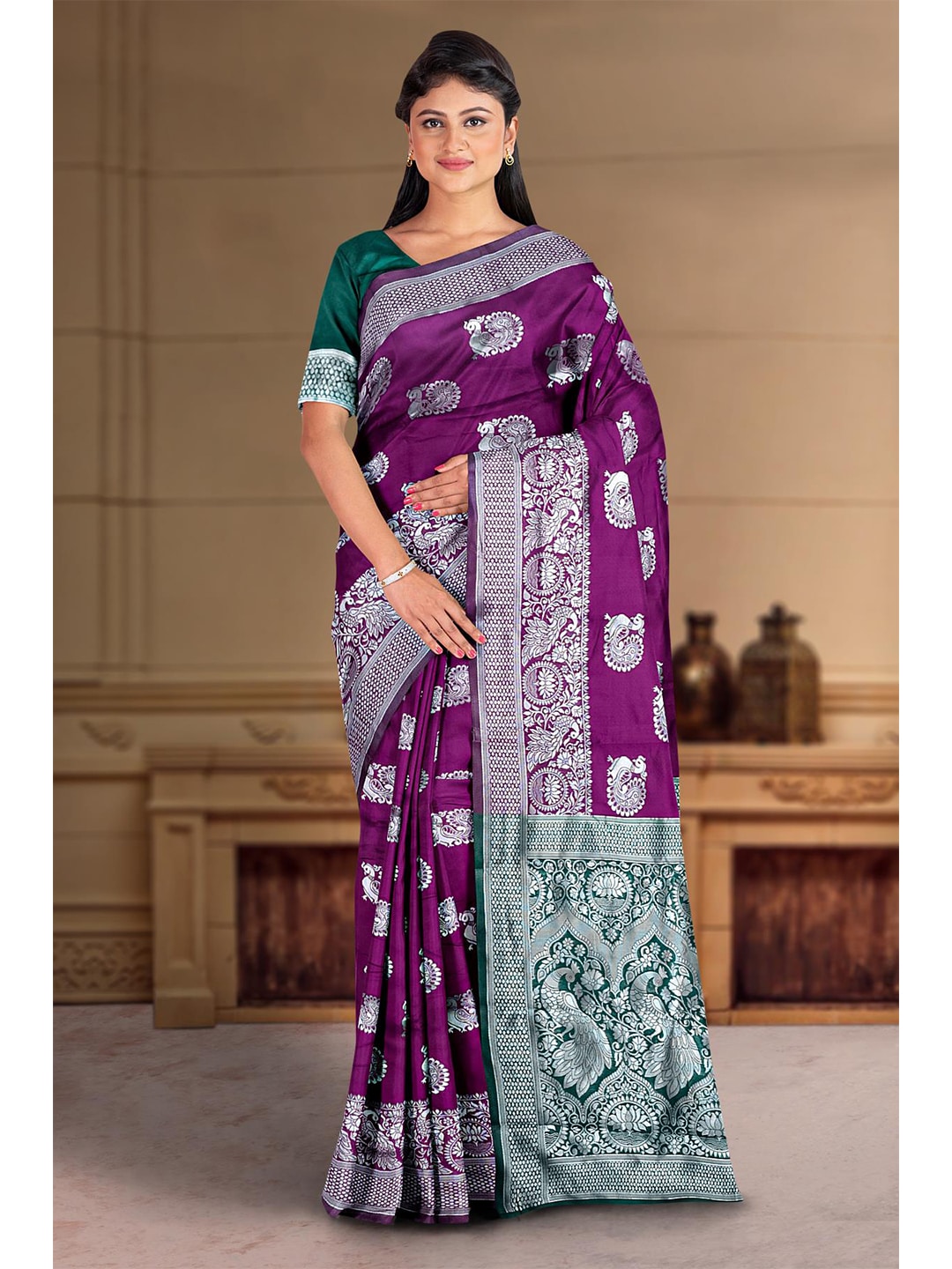 Kalamandir Purple & Green Ethnic Motifs Zari Silk Blend Saree Price in India