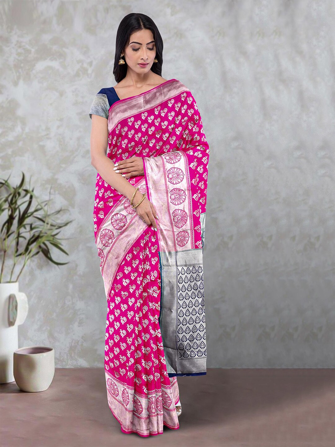 Kalamandir Pink & Blue Woven Design Zari Silk Blend Saree Price in India