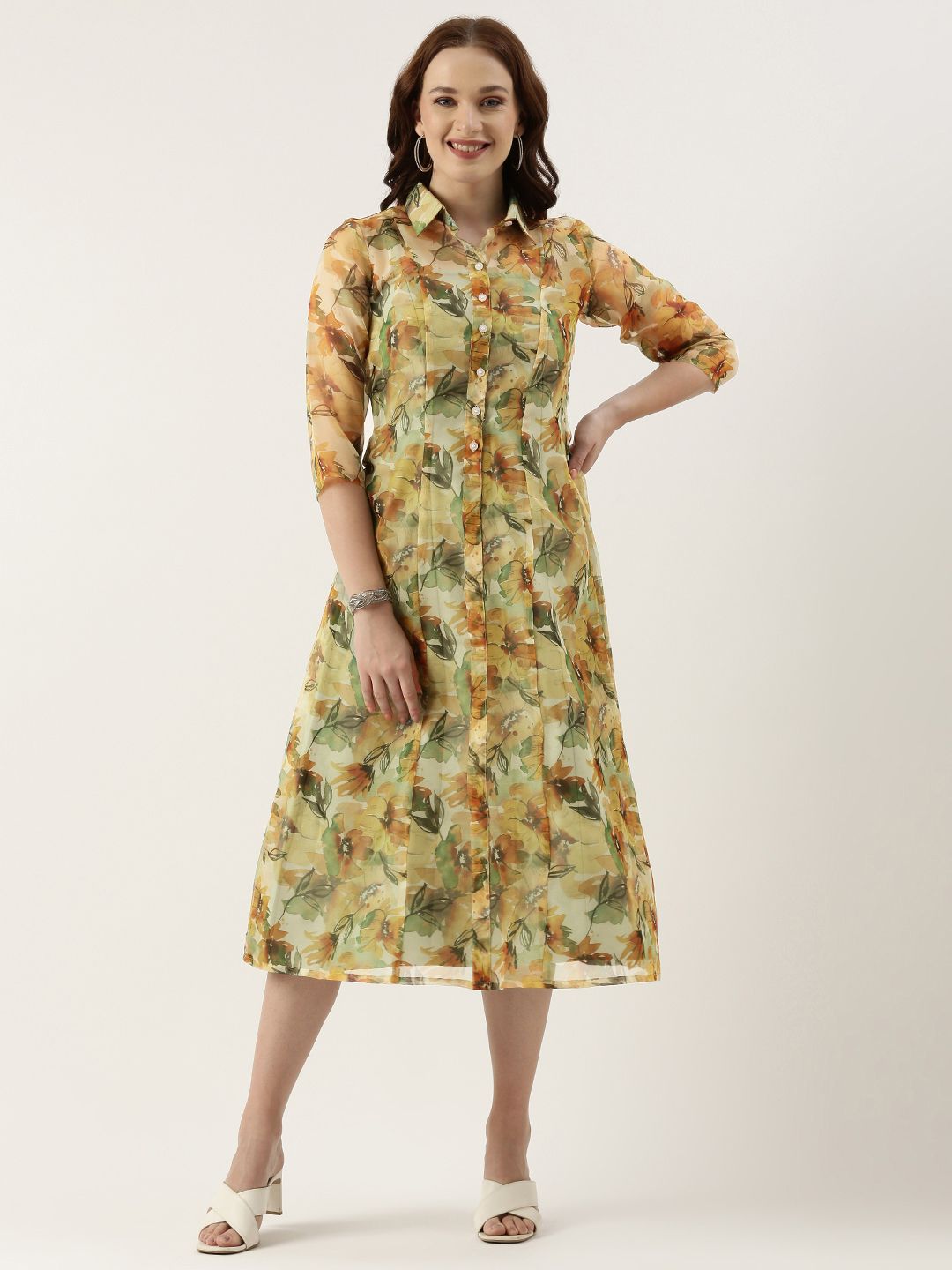 Ethnovog Floral Print Shirt Midi Dress With Inner Lining Price in India