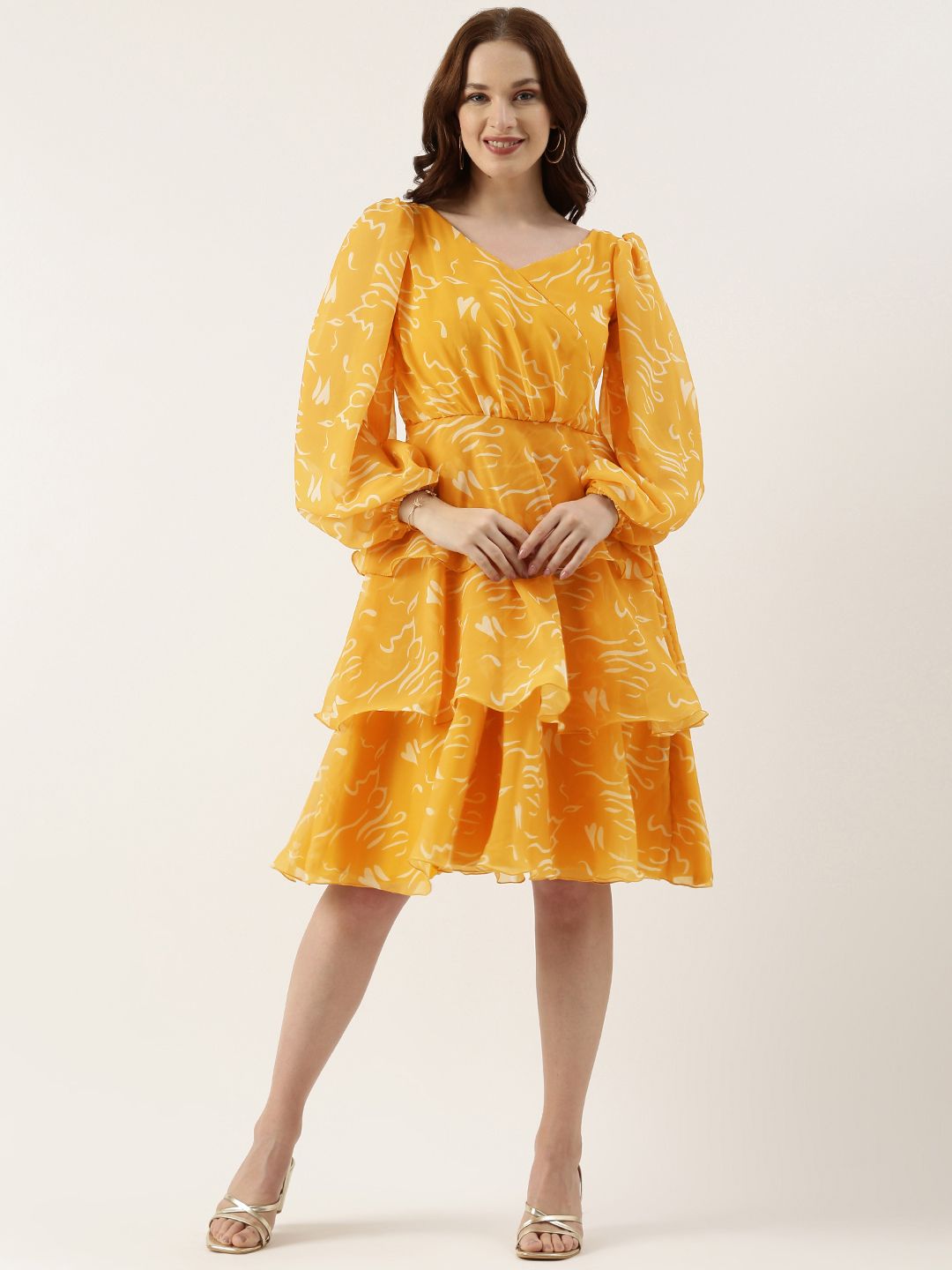 Ethnovog Print Puff Sleeve Layered Georgette Dress Price in India