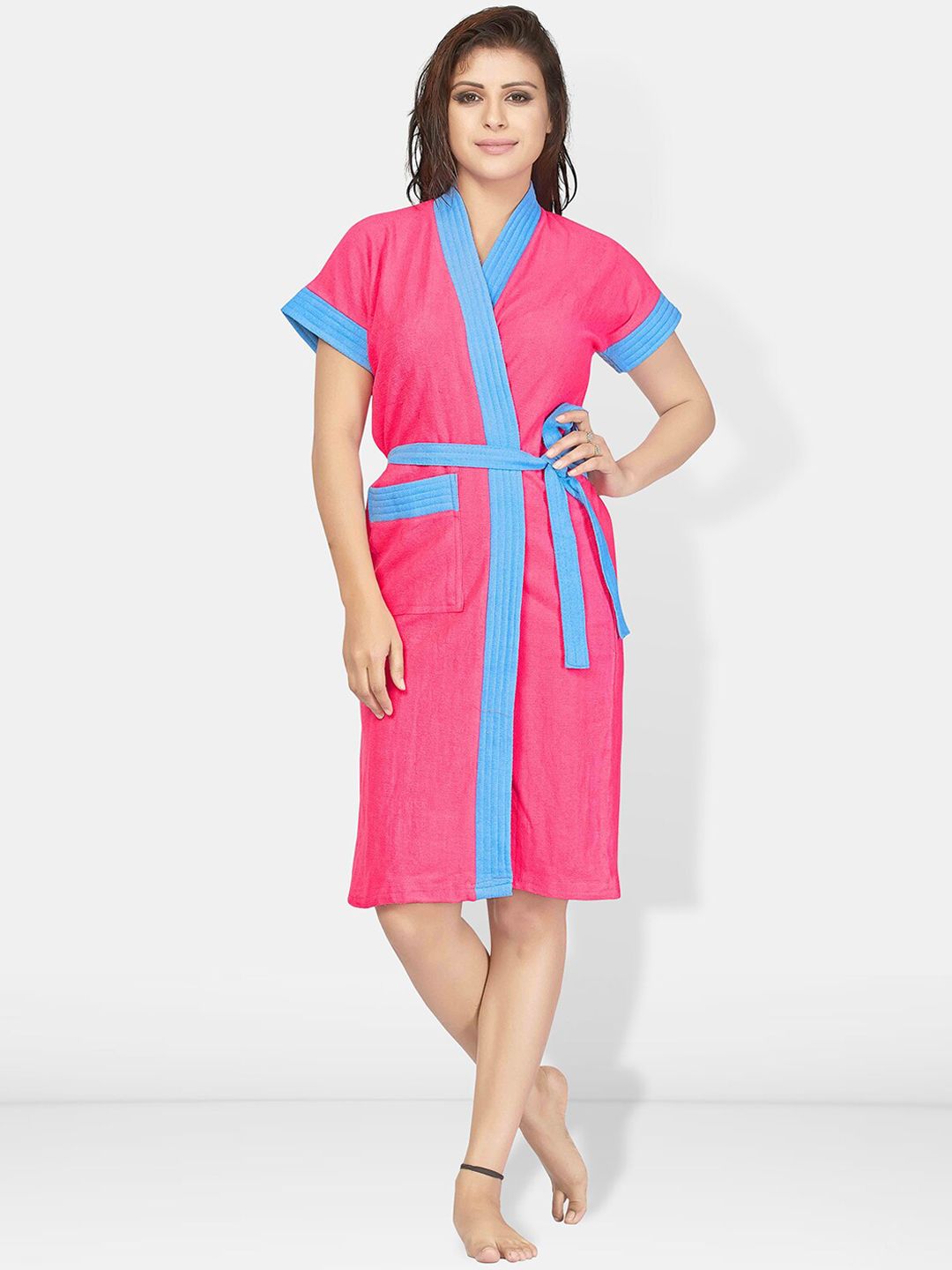 Be You Blue Solid Cotton Drawstring Knee Length Bath Robe