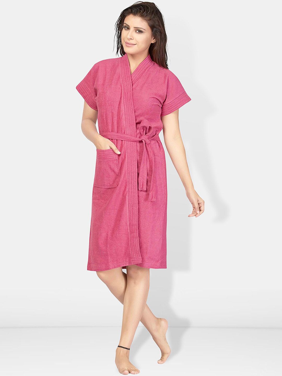 Be You Pink Solid Cotton Drawstring Knee Length Bath Robe