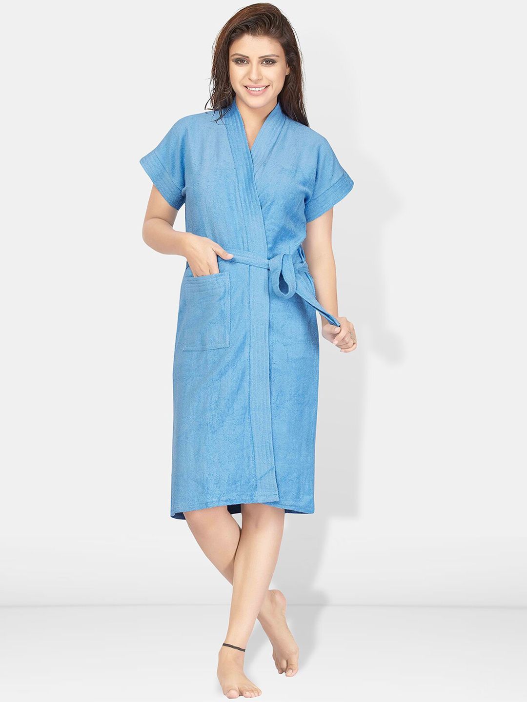 Be You Blue Solid Cotton Drawstring Knee Length Bath Robe