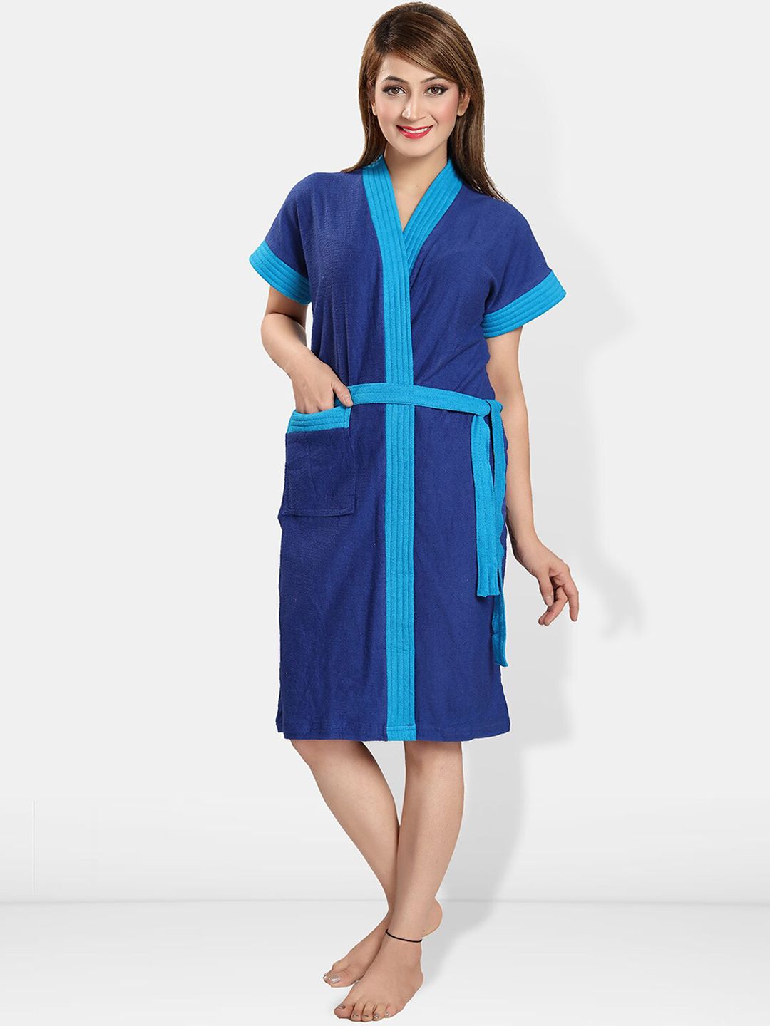 Be You Blue Solid Cotton Drawstring Knee Length Bath Robe