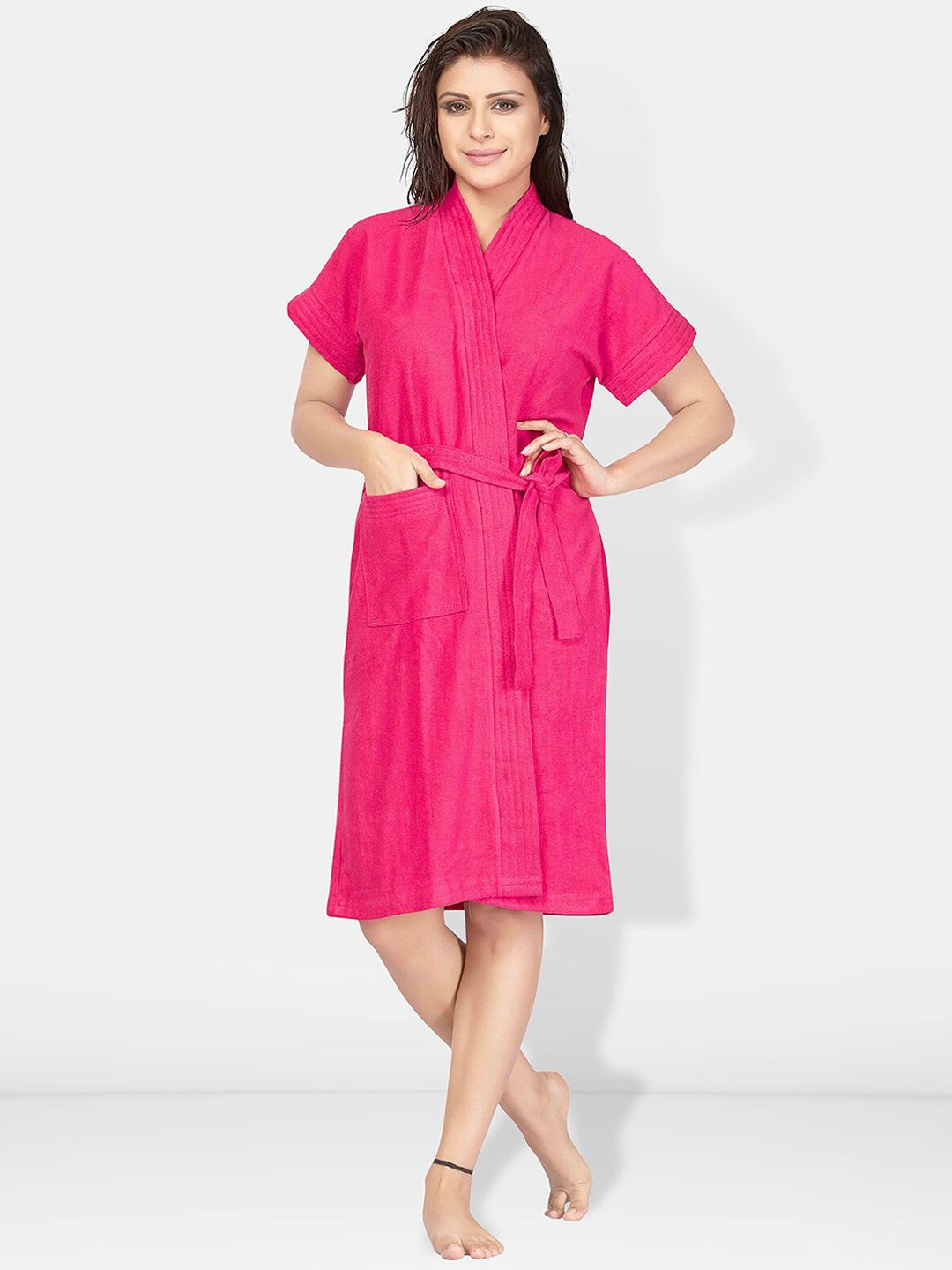 Be You Pink Solid Cotton Drawstring Knee Length Bath Robe