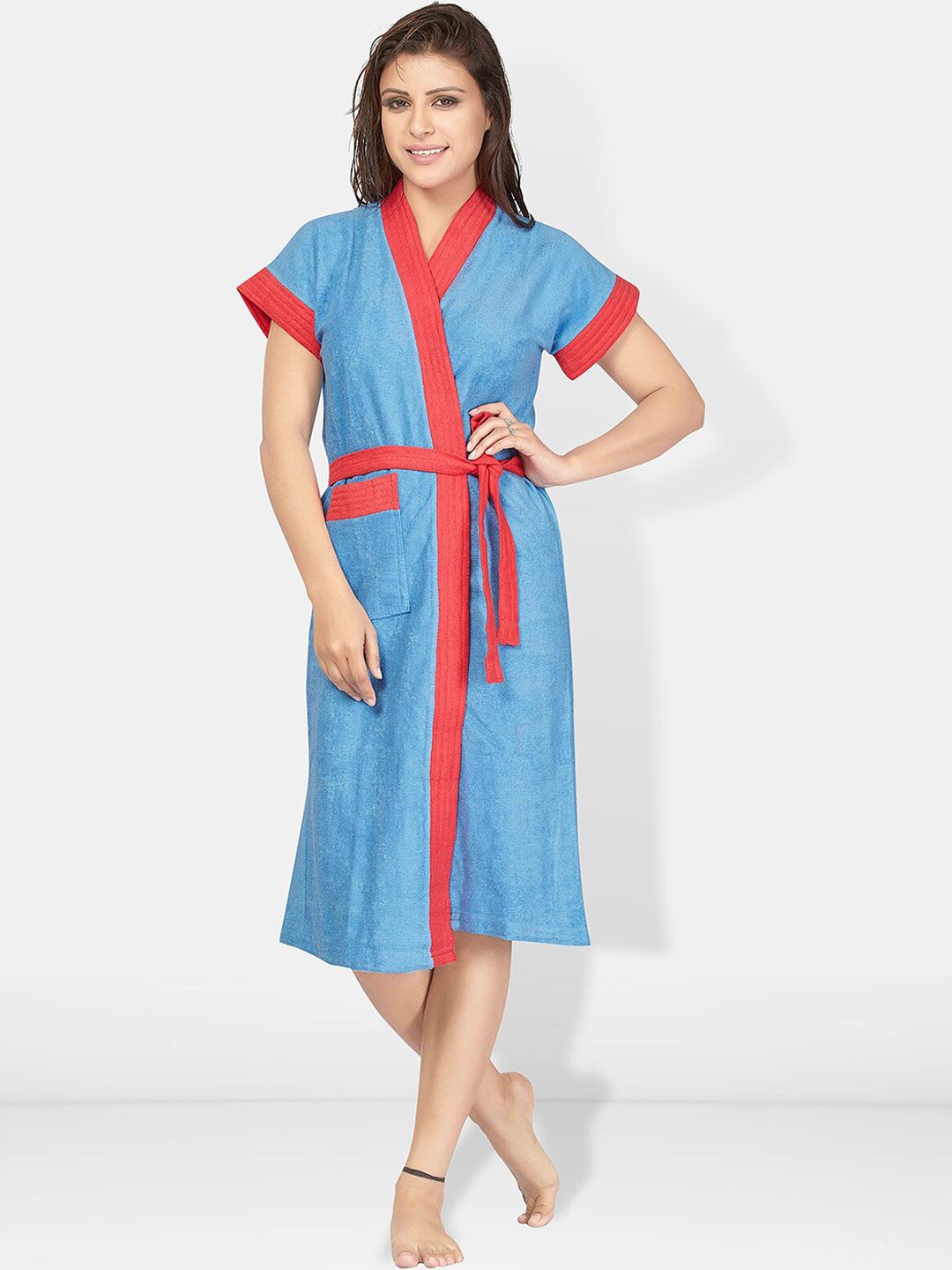 Be You Blue Solid Cotton Drawstring Knee Length Bath Robe