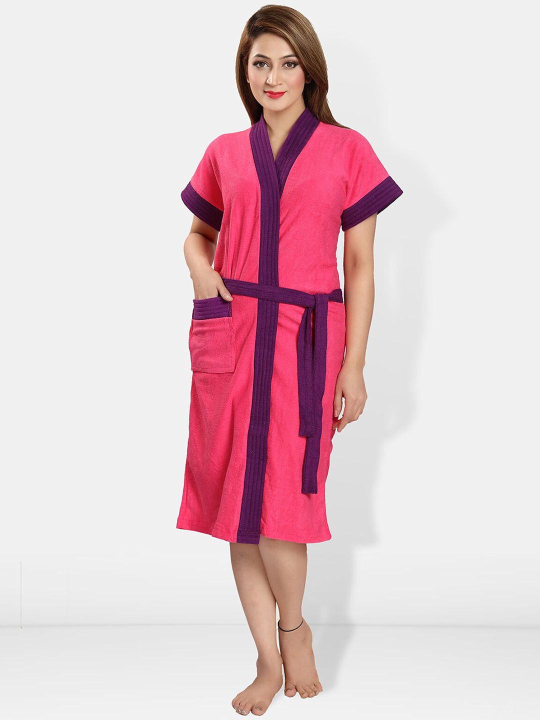Be You Pink Solid Cotton Drawstring Knee Length Bath Robe