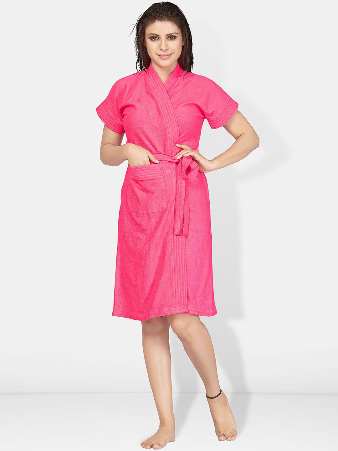 Be You Pink Solid Cotton Drawstring Knee Length Bath Robe-L/XL
