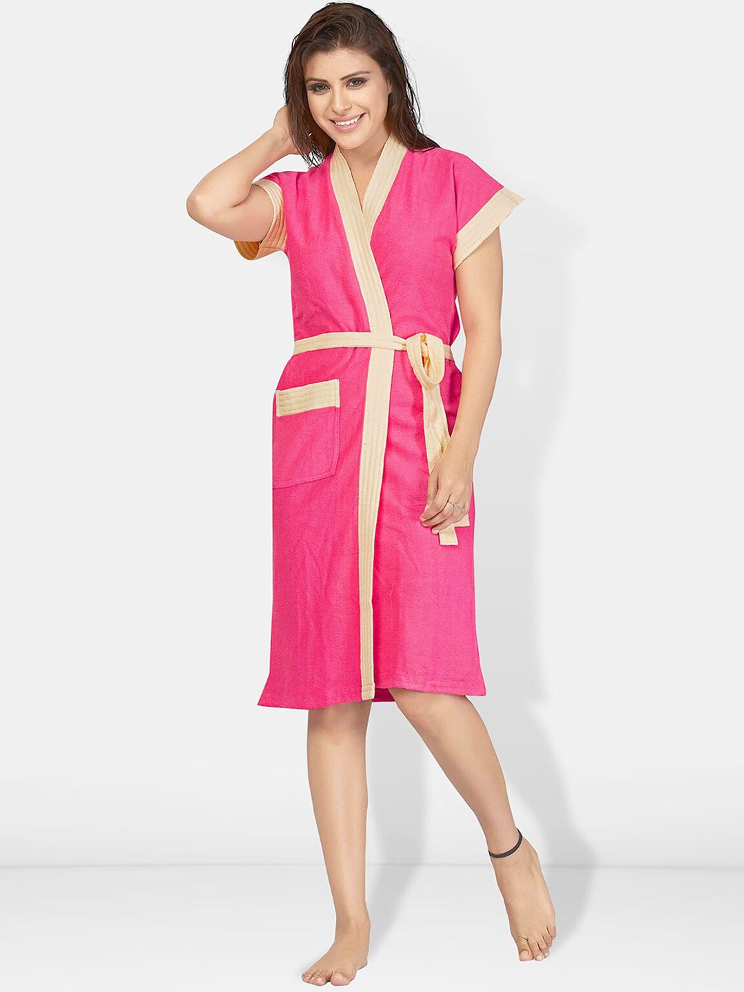 Be You Pink Solid Cotton Drawstring Knee Length Bath Robe-L/XL
