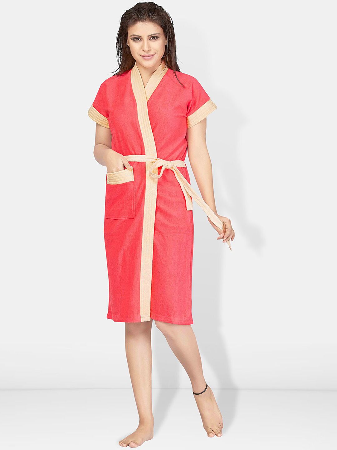 Be You Peach Solid Cotton Drawstring Knee Length Bath Robe-L/XL