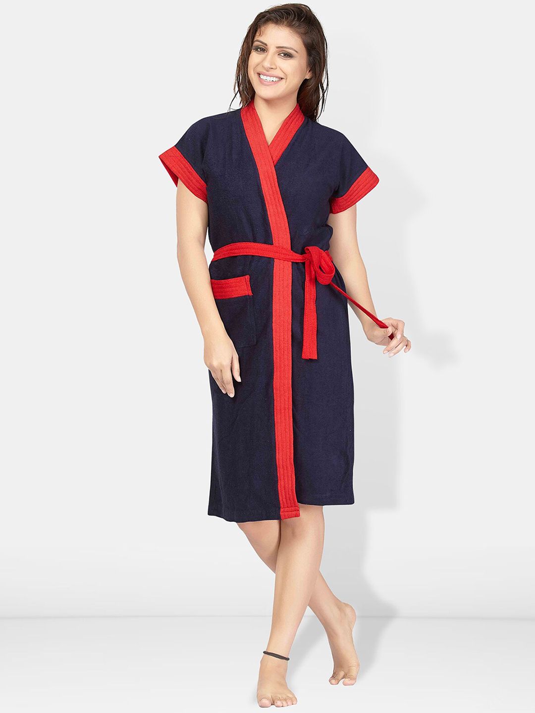 Be You Navy Blue Solid Cotton Drawstring Knee Length Bath Robe-L/XL