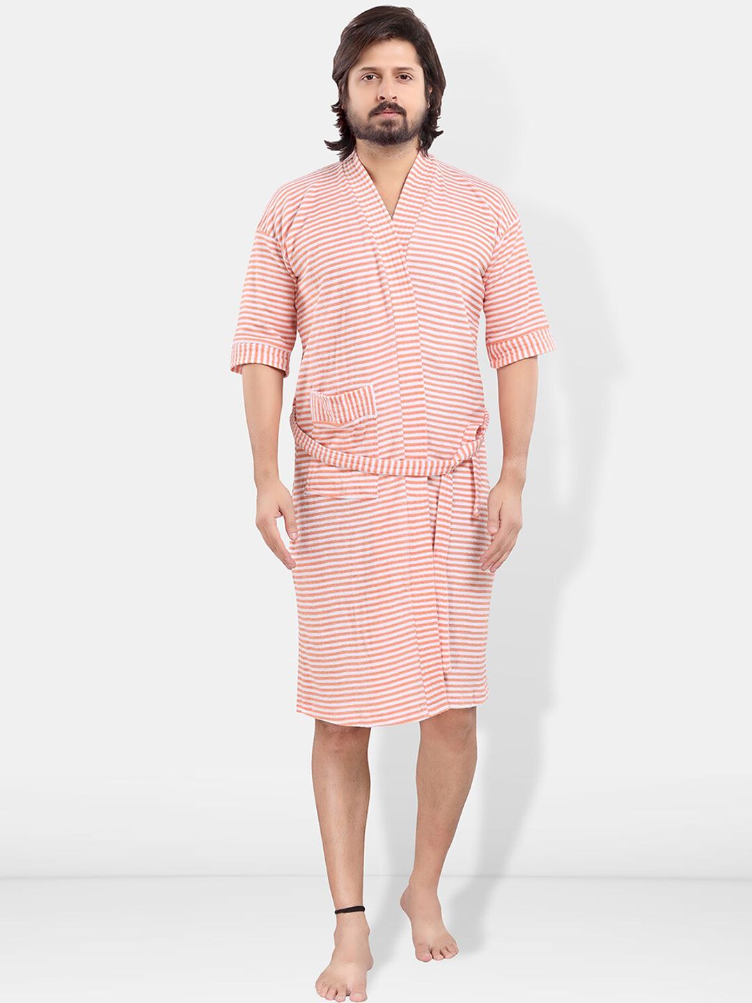 Be You Peach Striped Cotton Drawstring Knee Length Bath Robe-3XL
