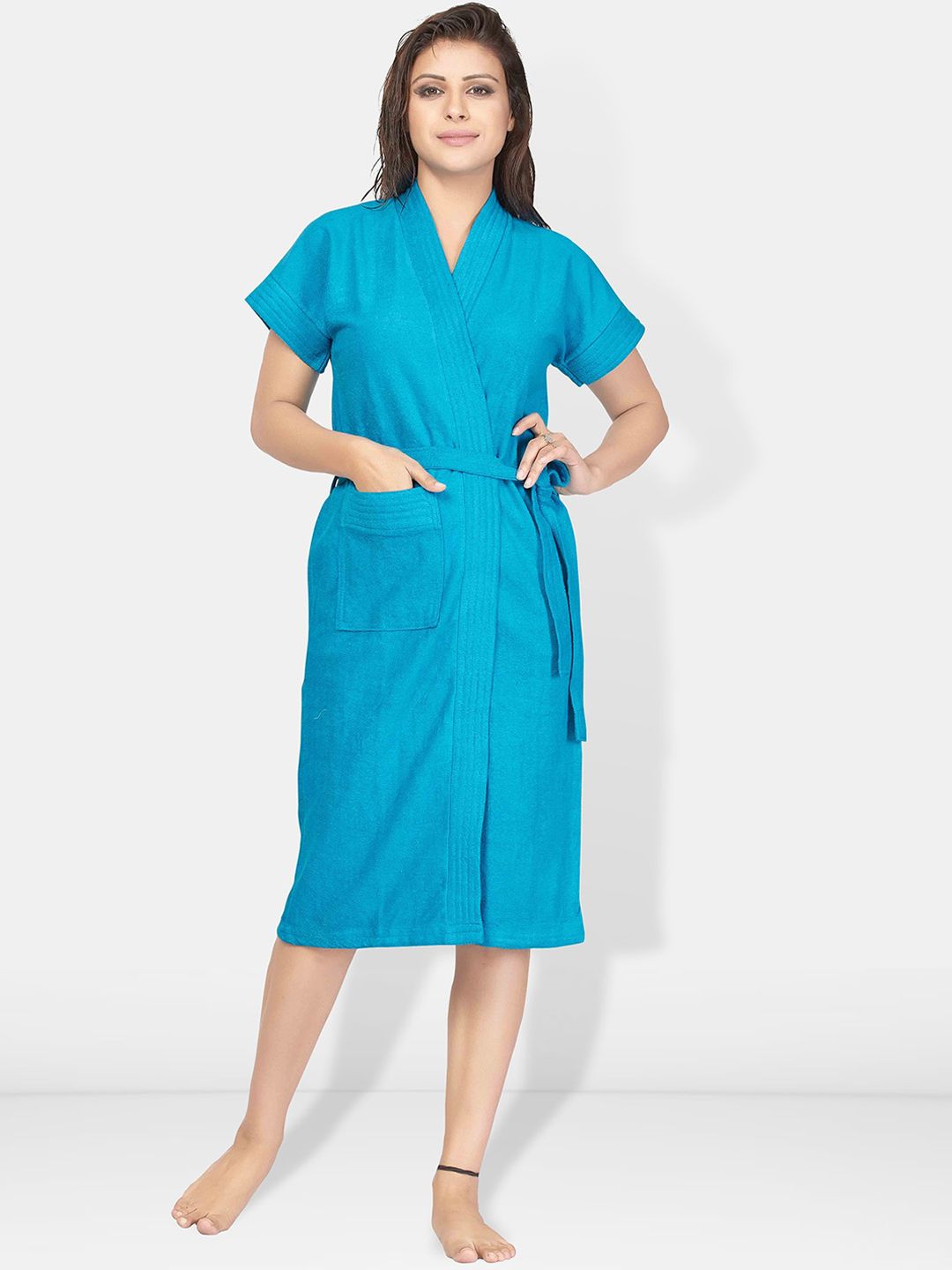 Be You Blue Solid Cotton Drawstring Knee Length Bath Robe-L/XL