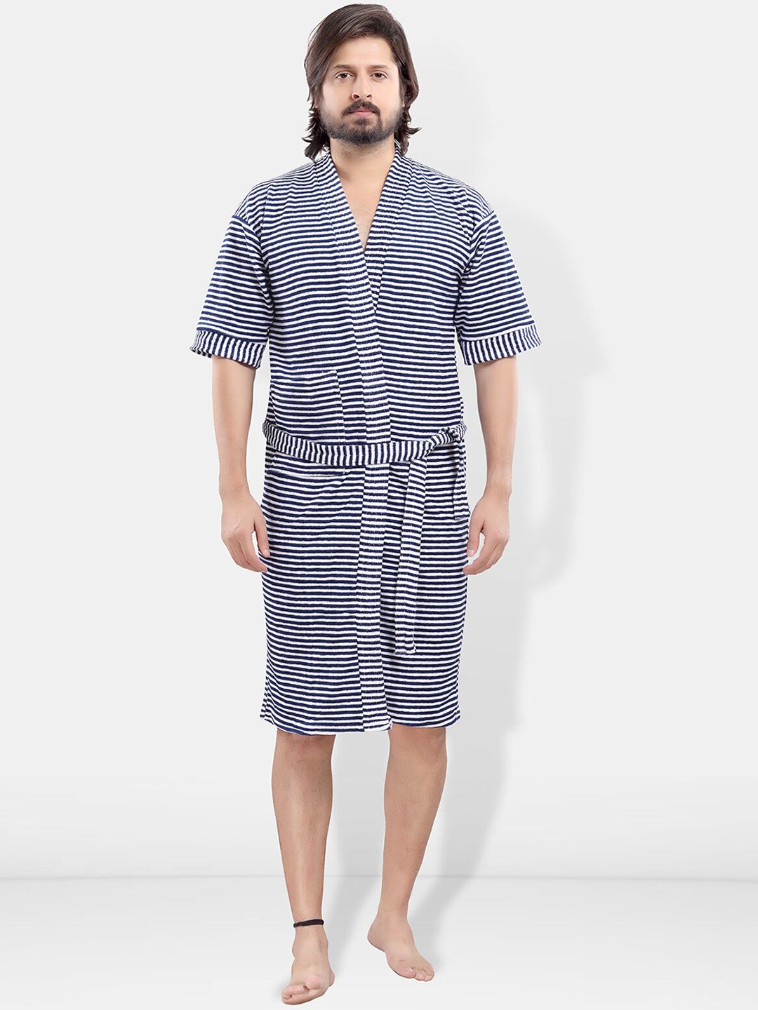 Be You Navy Blue Striped Cotton Drawstring Knee Length Bath Robe-3XL