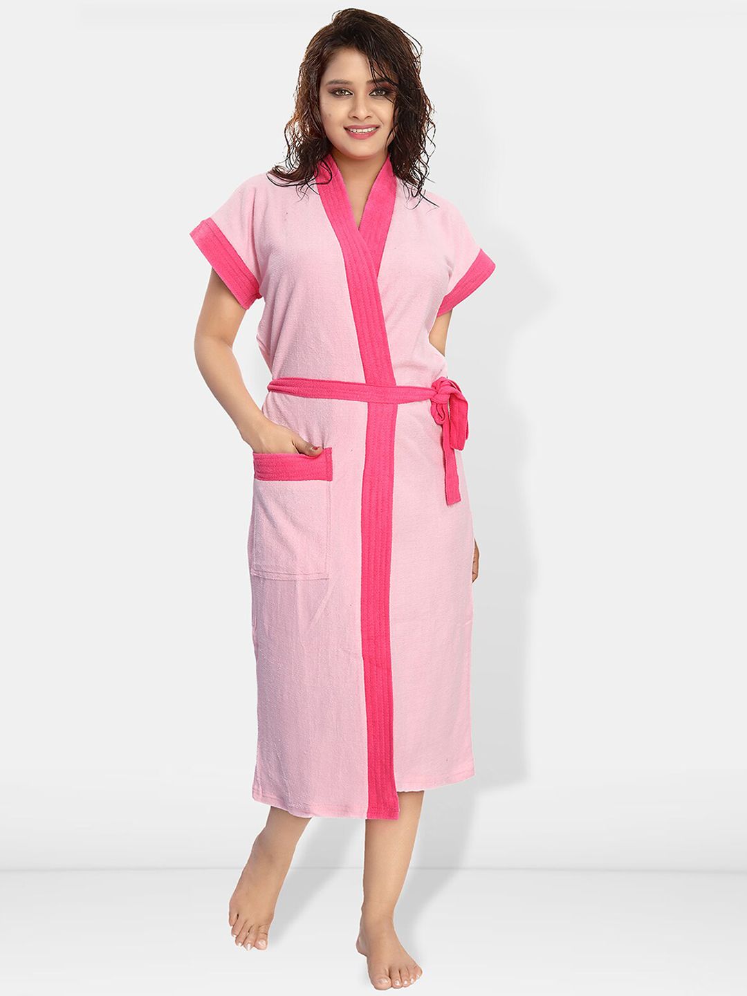 Be You Pink Solid Cotton Drawstring Knee Length Bath Robe-L/XL