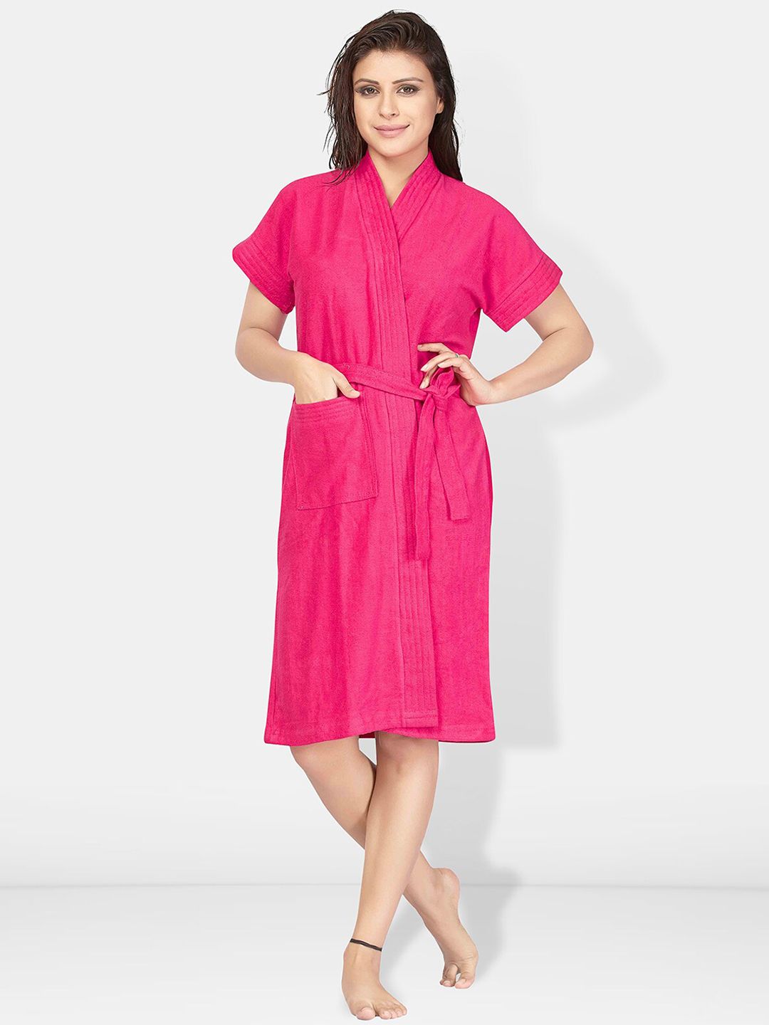 Be You Pink Solid Cotton Drawstring Knee Length Bath Robe-L/XL