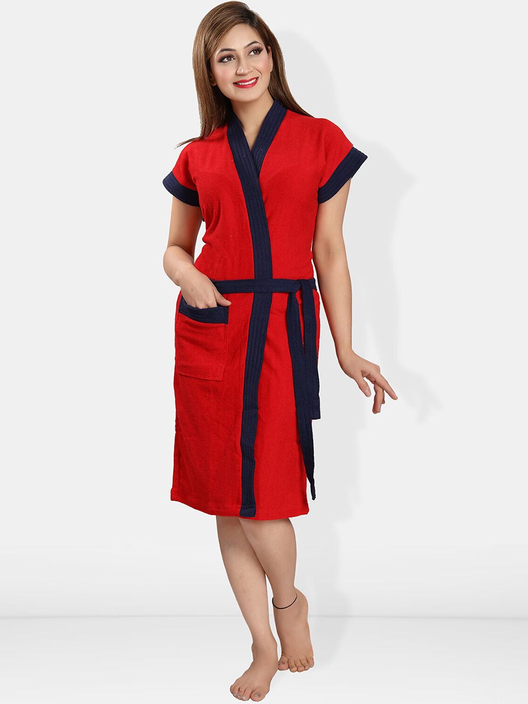 Be You Red Solid Cotton Drawstring Knee Length Bath Robe-L/XL