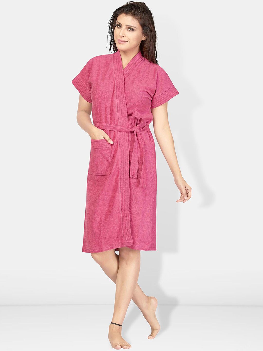 Be You Rose Solid Cotton Drawstring Knee Length Bath Robe-L/XL