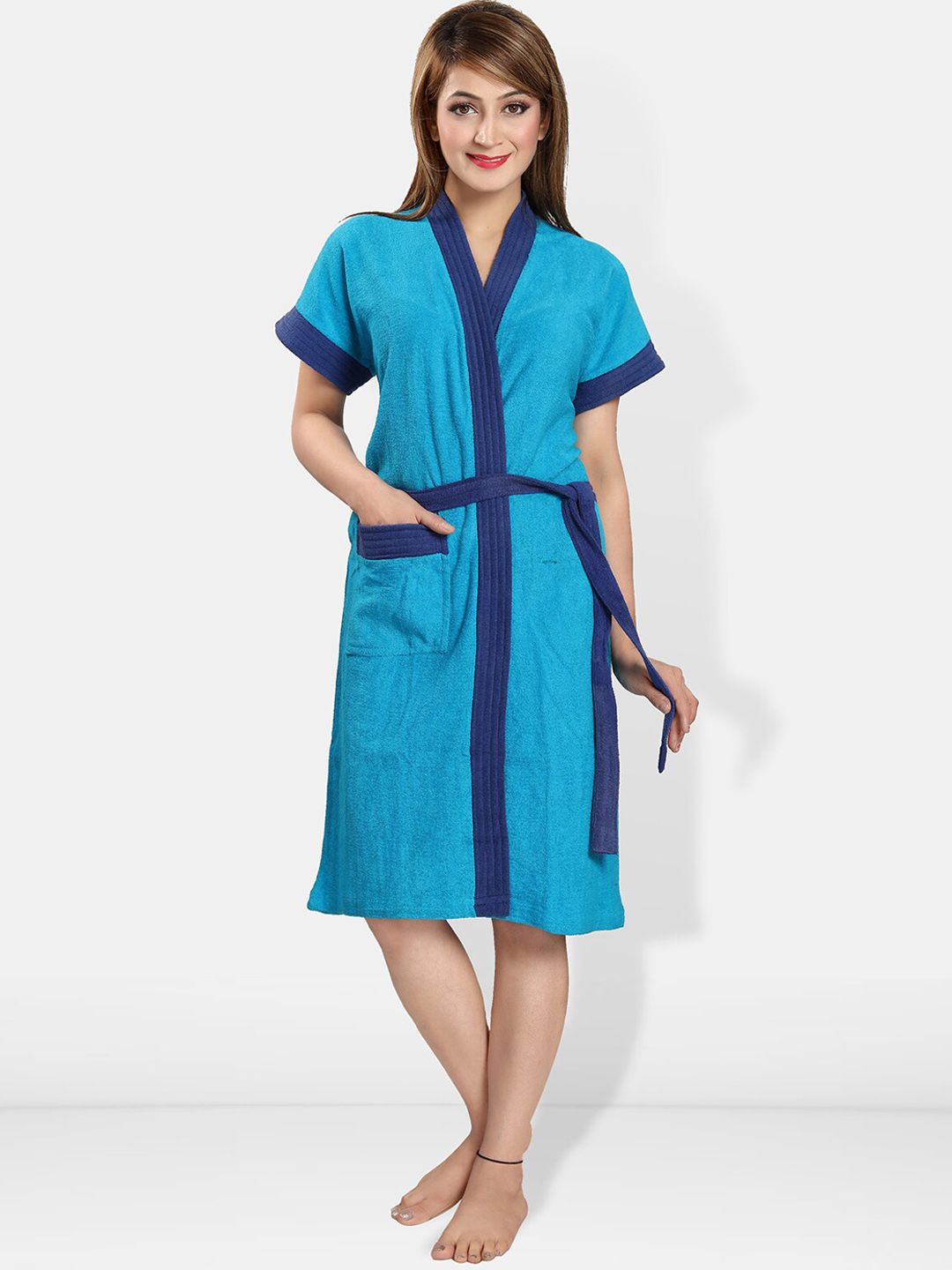 Be You Blue Solid Cotton Drawstring Knee Length Bath Robe-L/XL