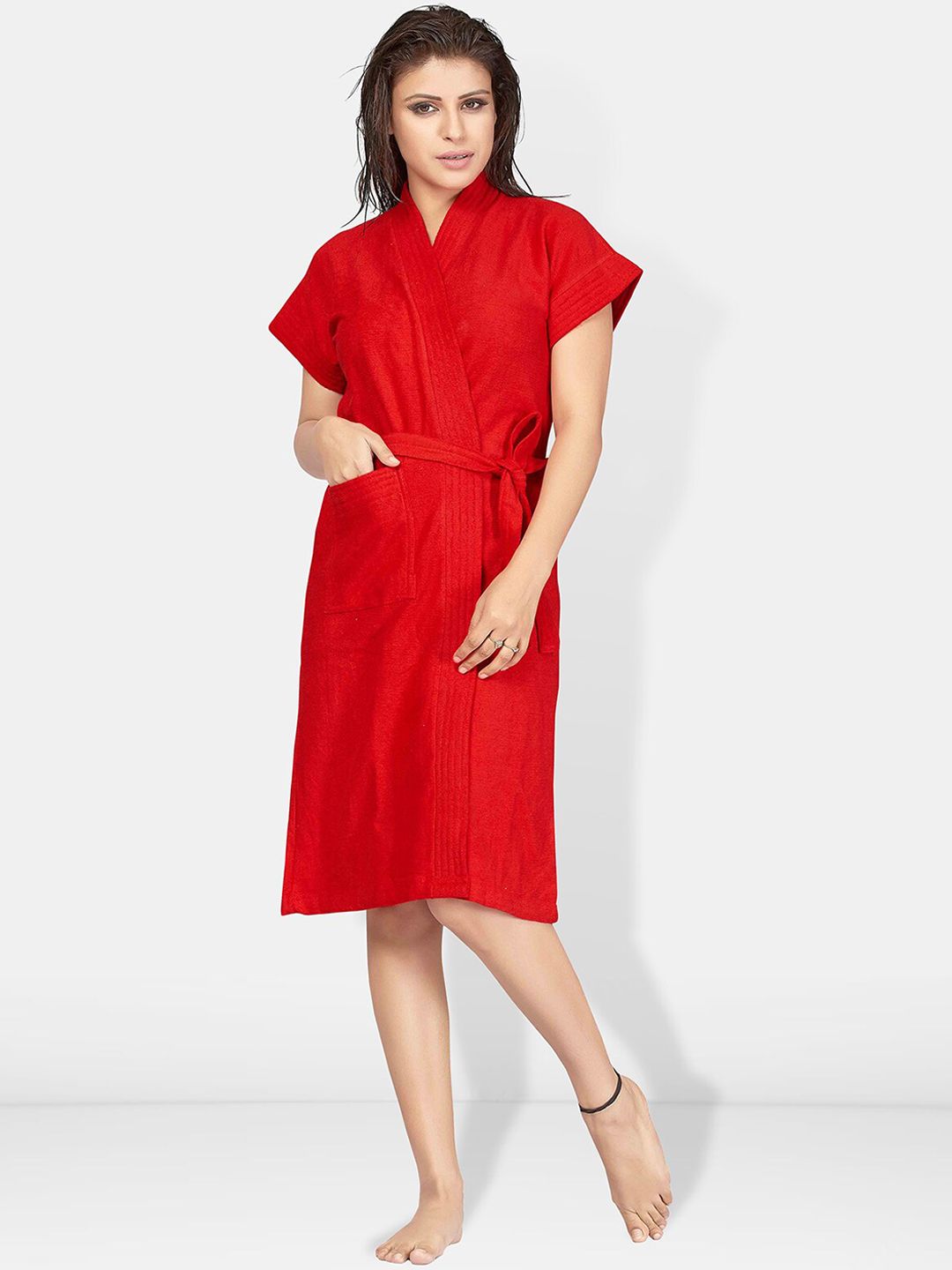 Be You Red Solid Cotton Drawstring Knee Length Bath Robe-L/XL