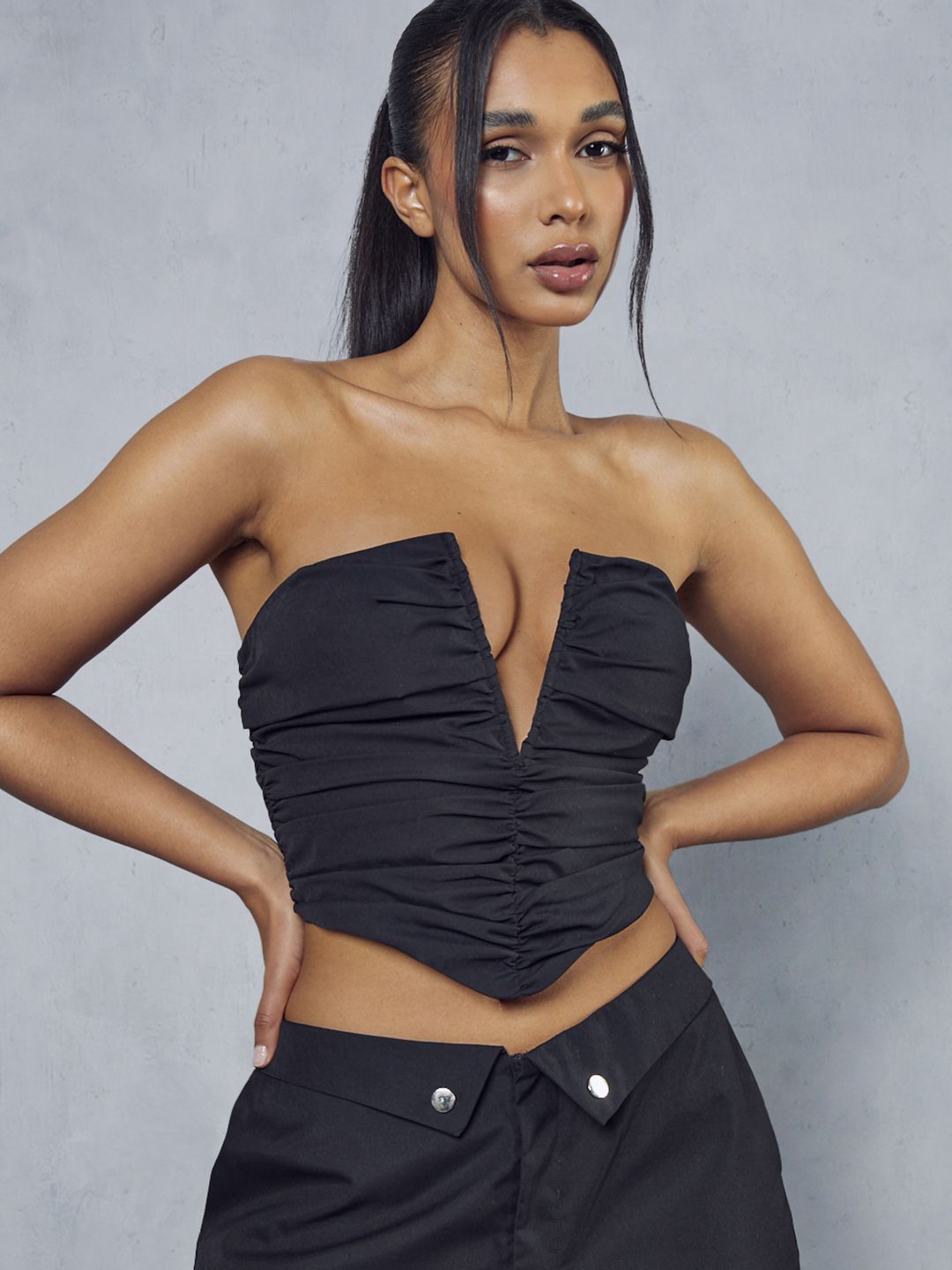 MISSPAP Off-Shoulder Ruched Crop Top Price in India