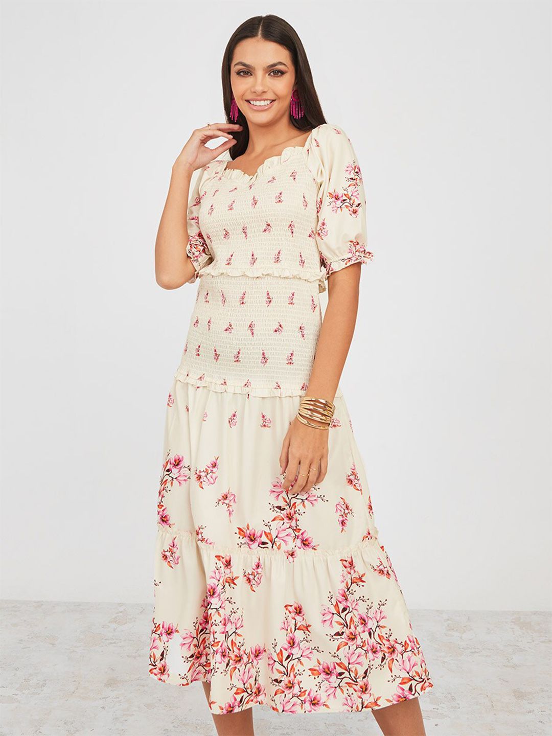 Styli Floral Printed Puff Sleeves Smocked Tiered Fit & Flare Midi Dress Price in India