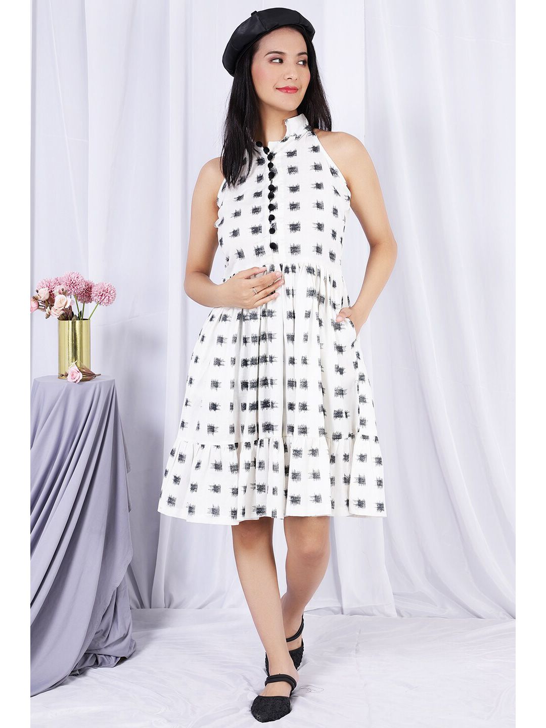 INDOPHILIA Abstract Printed Sleeveless Fit & Flare Dress Price in India