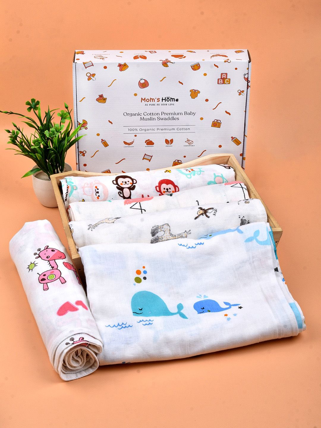 Moms Home Infants Set of 5 Printed Organic Cotton Supersoft Baby Muslin Swaddles