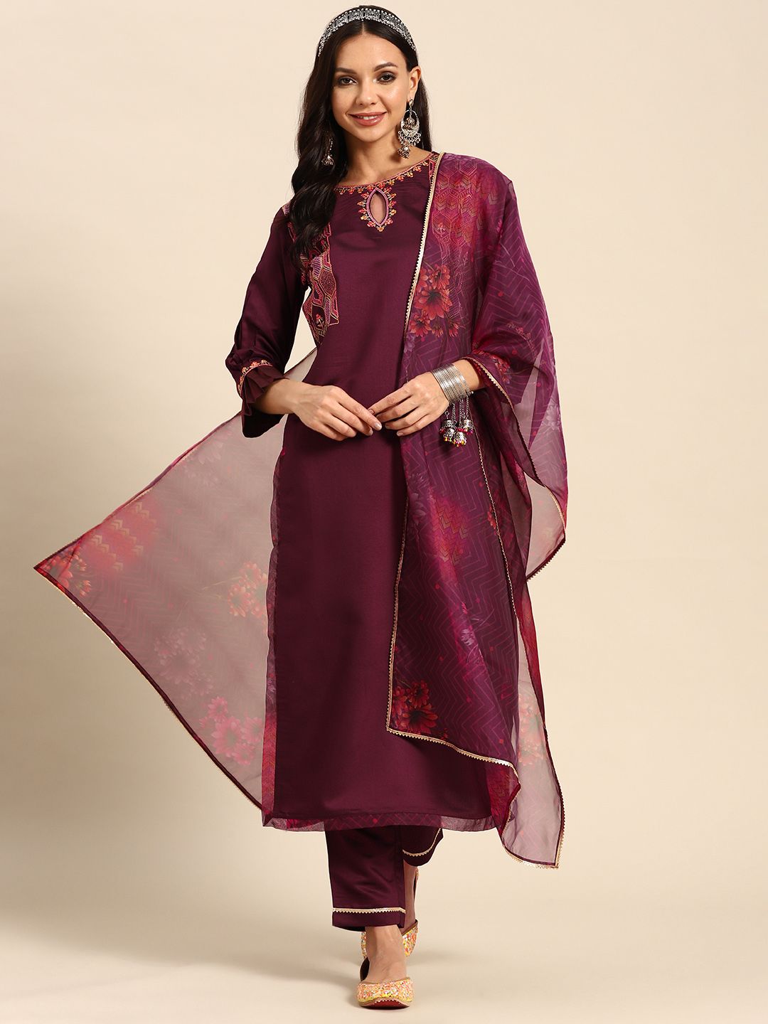 Sangria Women Floral Embroidered Regular Sequinned Kurta With Trousers & With Dupatta Price in India