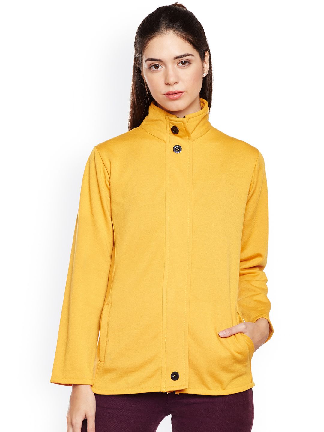 Belle Fille Women Mustard Yellow Solid Lightweight Bomber Jacket Price in India