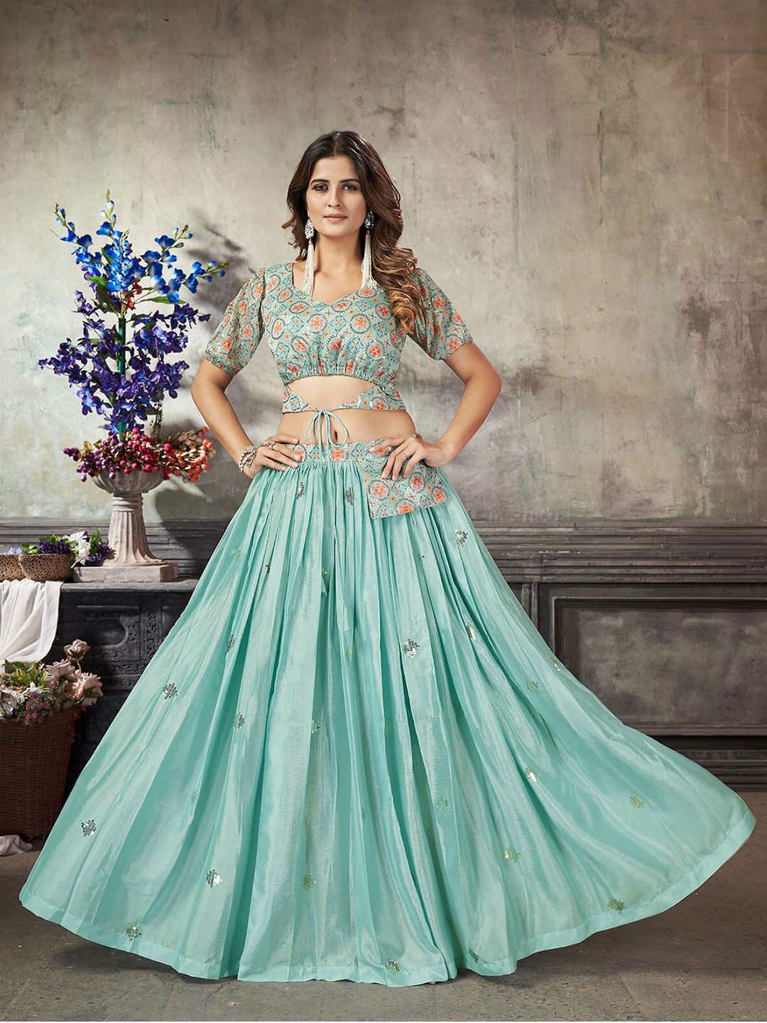 ODETTE Sea Green & Pink Embroidered Ready to Wear Lehenga & Price in India