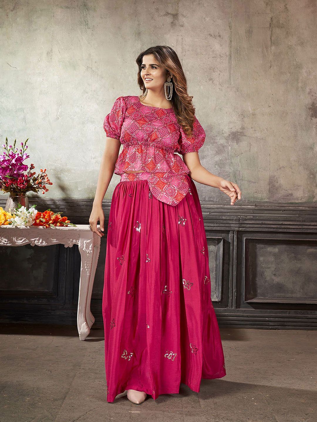 ODETTE Pink & Red Embroidered Ready to Wear Lehenga & Price in India