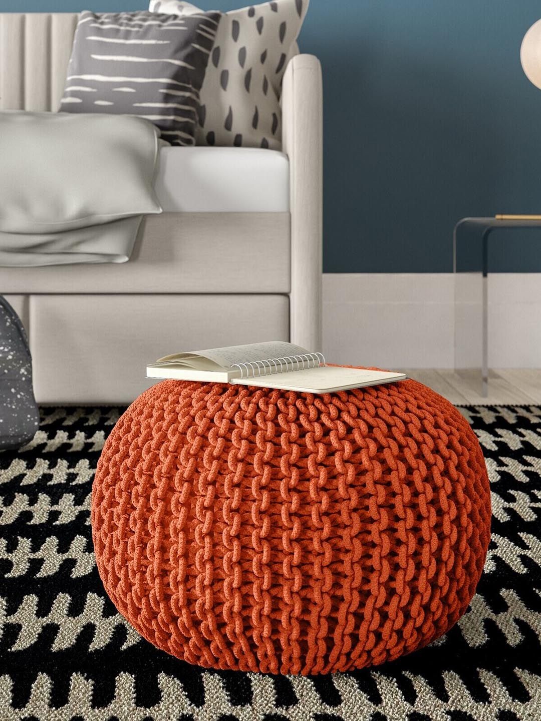 RIANCE CREATIONS Orange Knitted Cotton Bamboo Ottoman