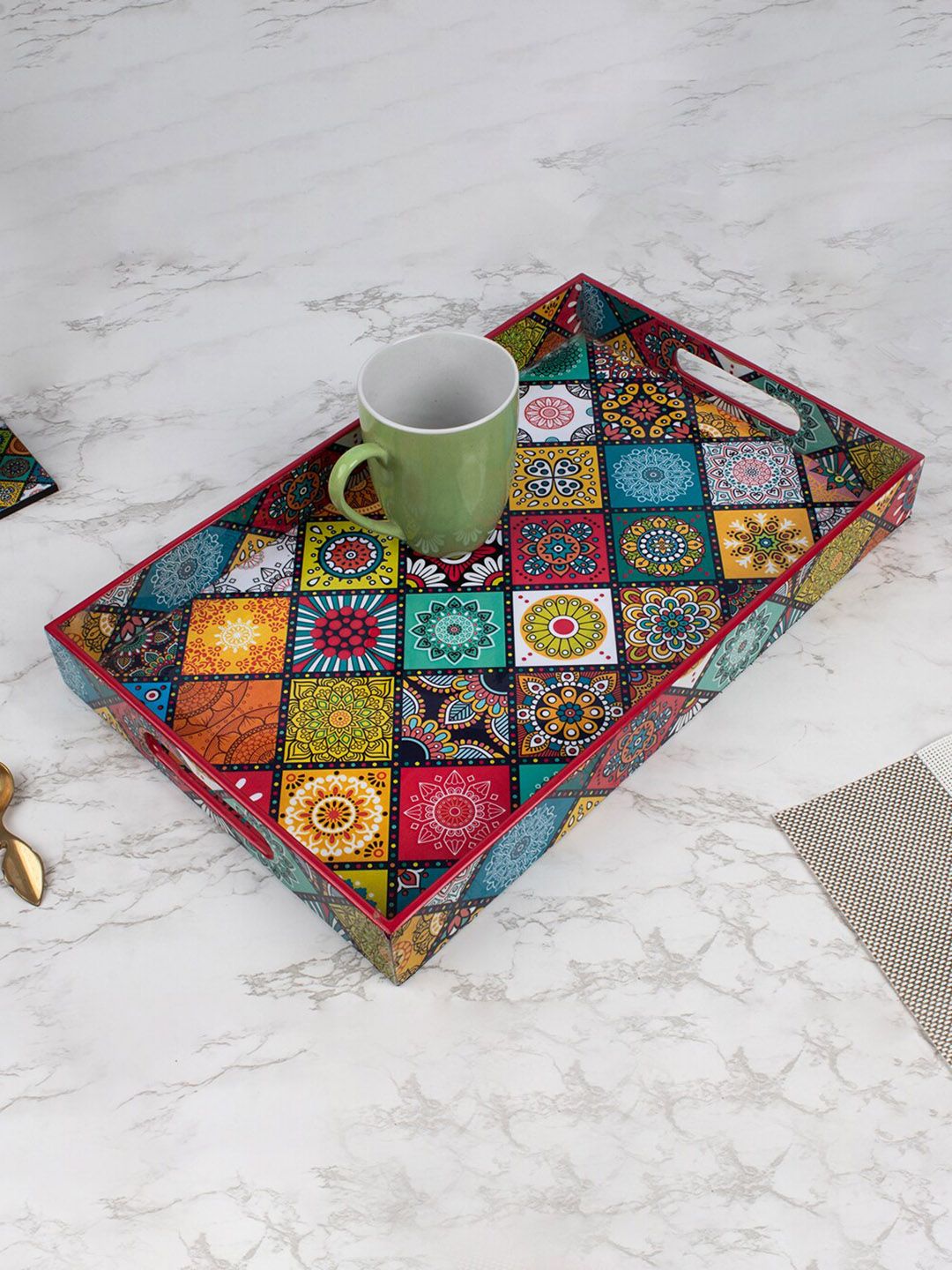 MARKET99 Red & Blue Ethnic Motif Printed MDF Wooden Tray With Handle