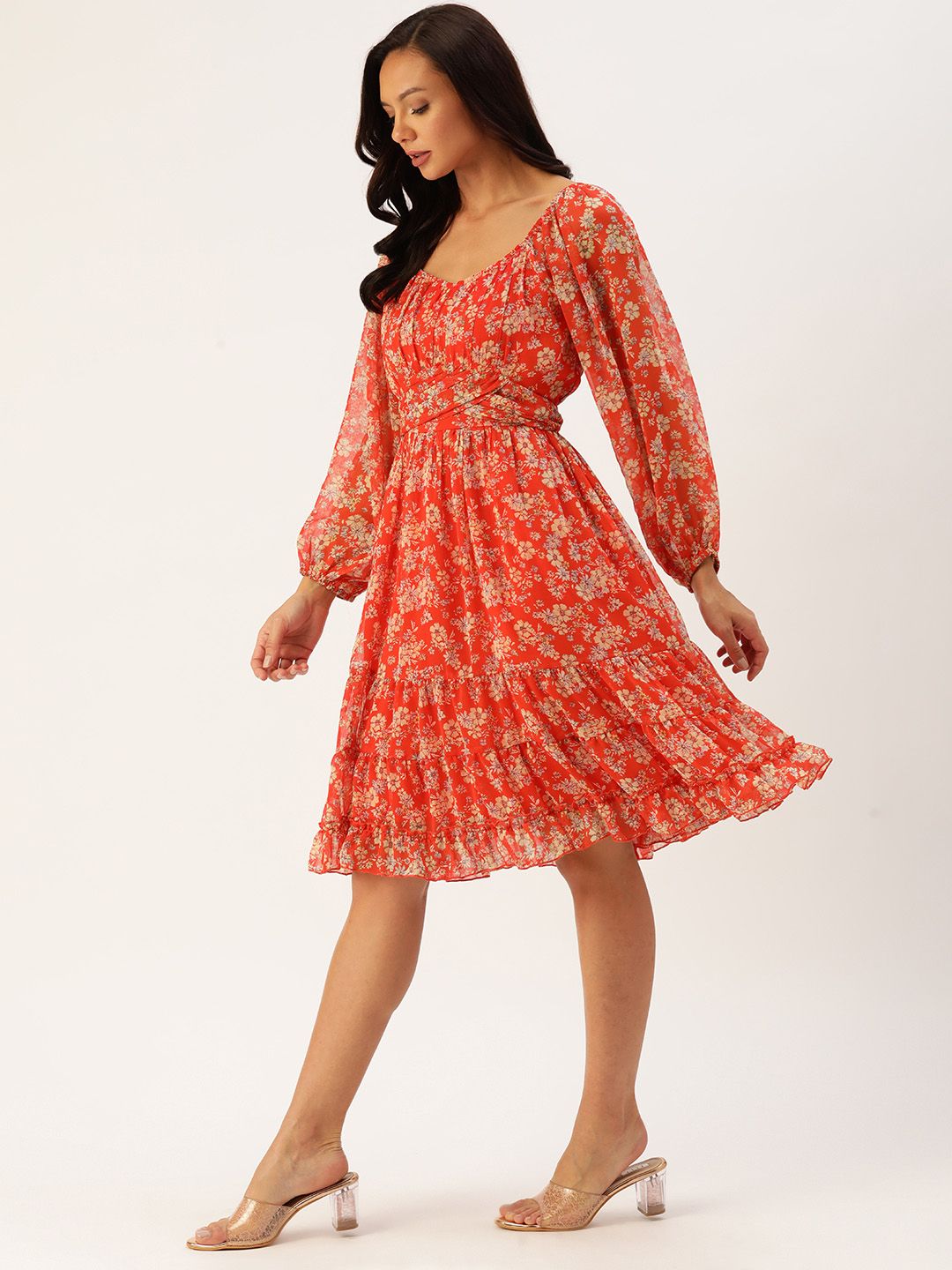 Antheaa Floral Print Puff Sleeve Chiffon A-Line Dress Price in India