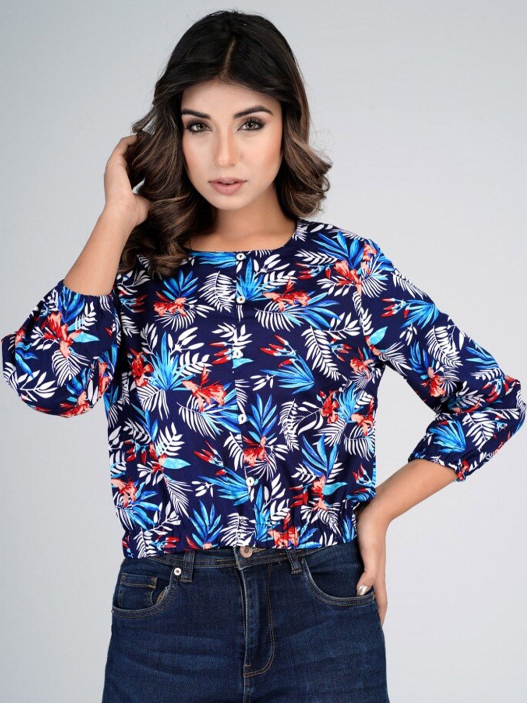 HERE&NOW Floral Printed Puffed Sleeves Crop Top Price in India