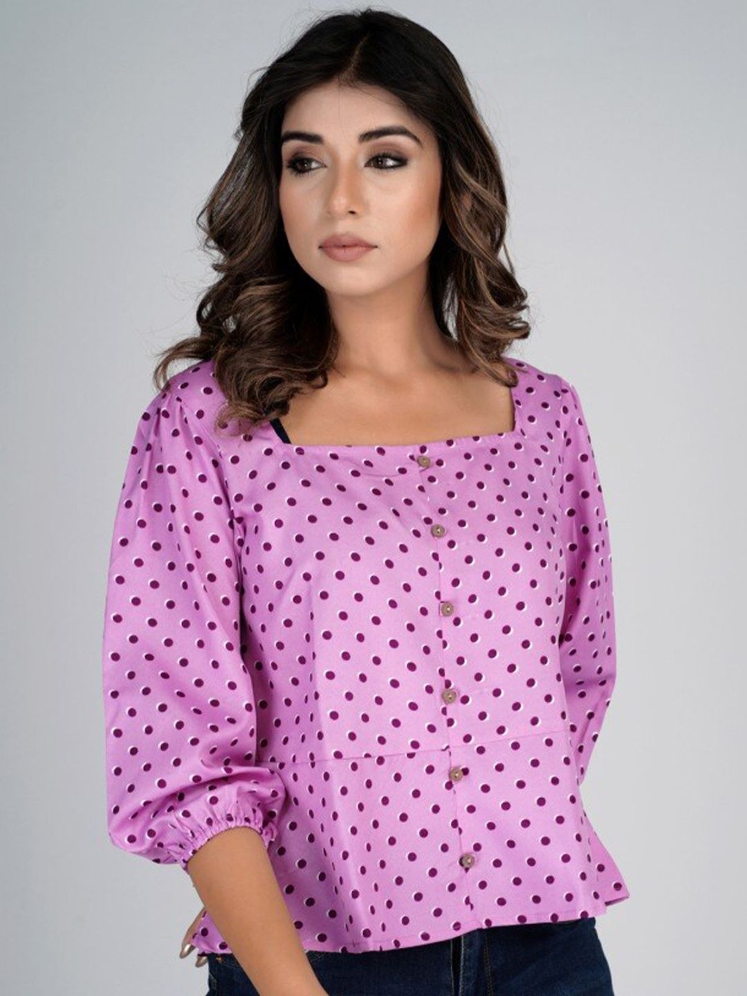 HERE&NOW Polka Dots Printed Square Neck Puffed Sleeves Blouson Top Price in India