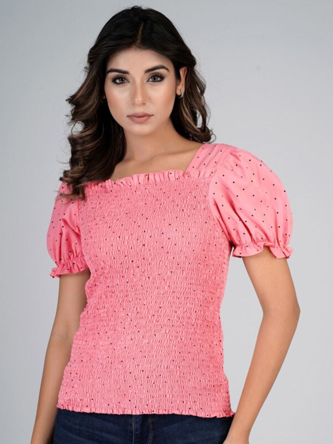HERE&NOW Smocked Polka Dot Printed Puff Sleeve Top Price in India